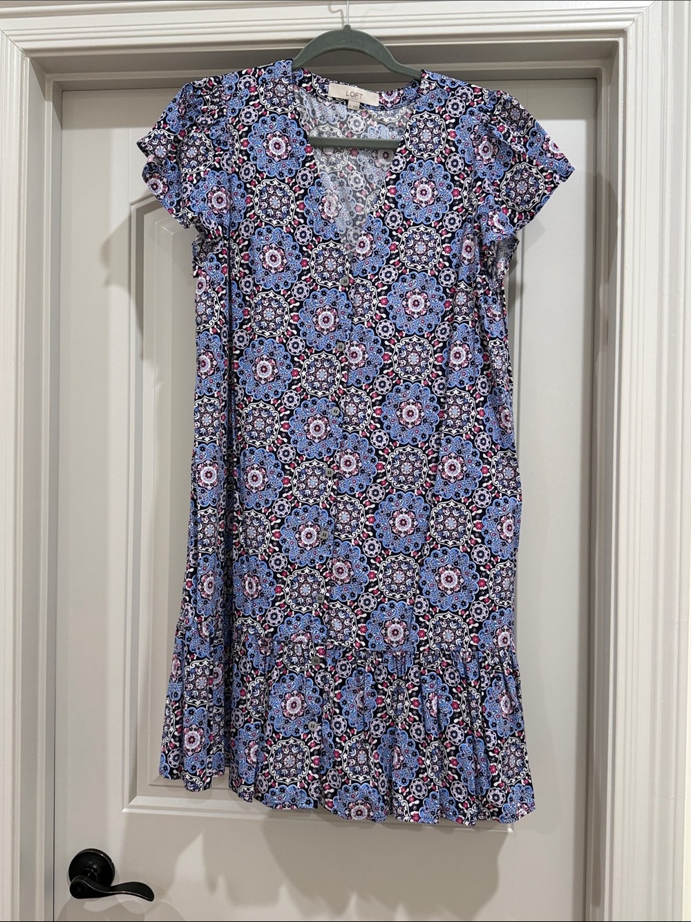 LOFT Blue and Pink Floral V-Neck Mini Dress